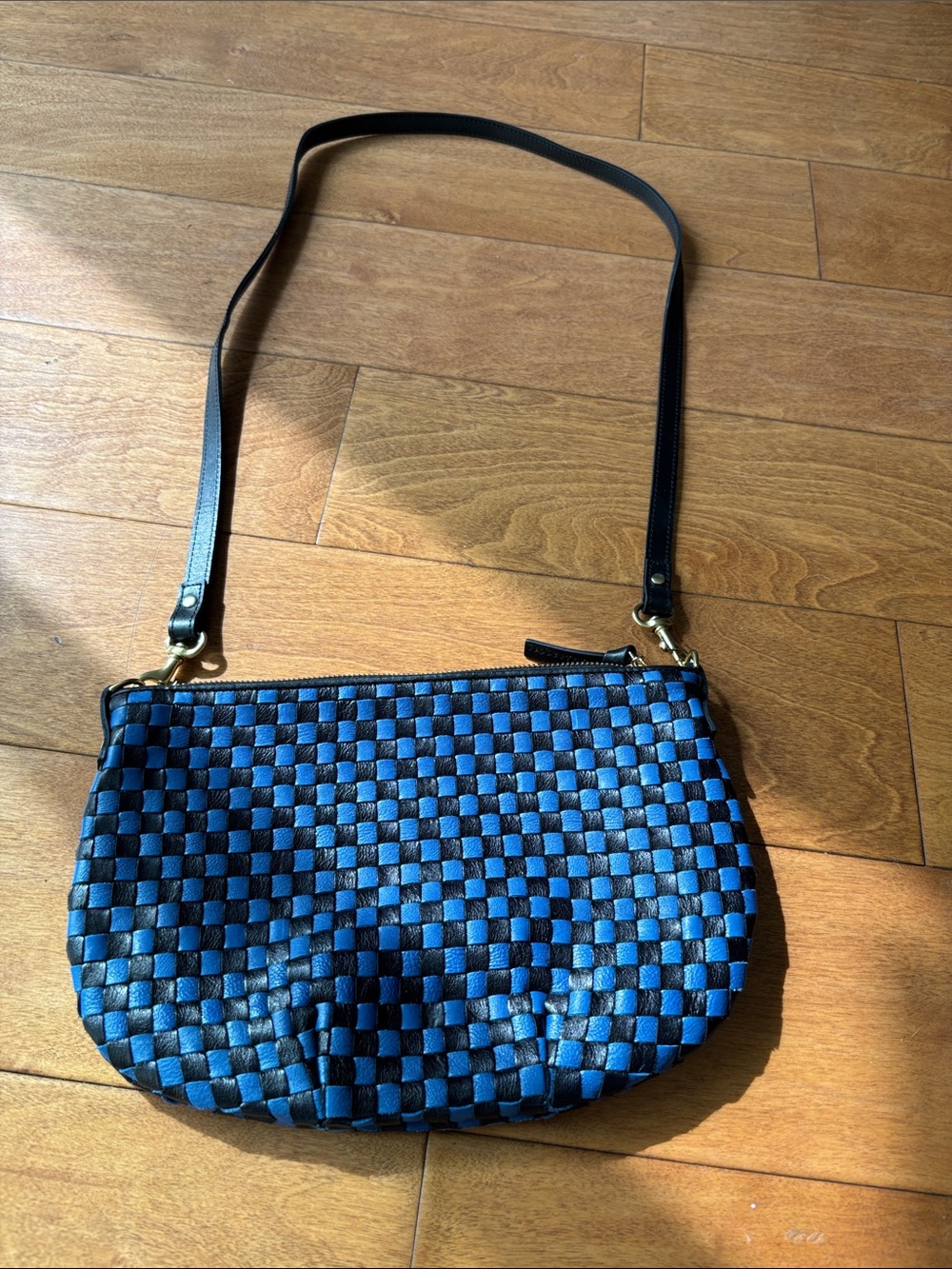 Clare V Petit Moyer Blue and Black Woven checkered messenger Crossbody Bag